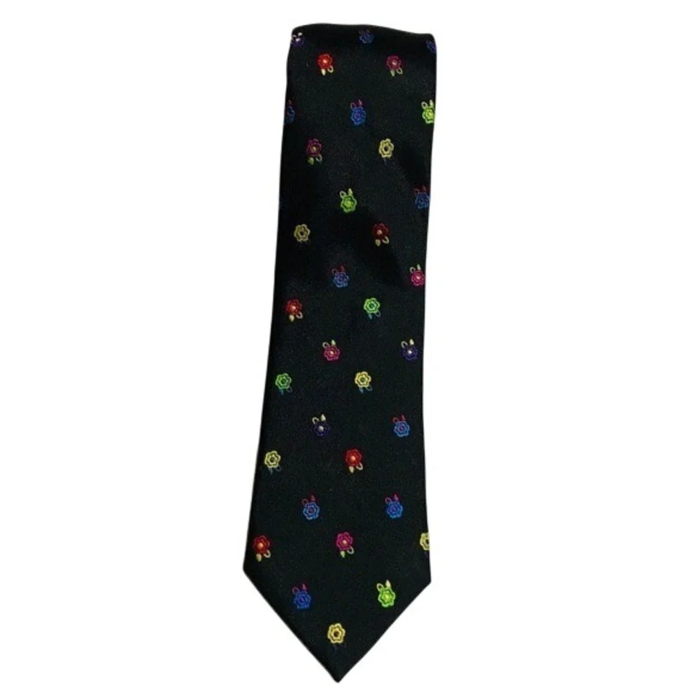 Bugatchi Mens Silk Tie Black Multi-Color Floral Embroidered Made‎ in Italy